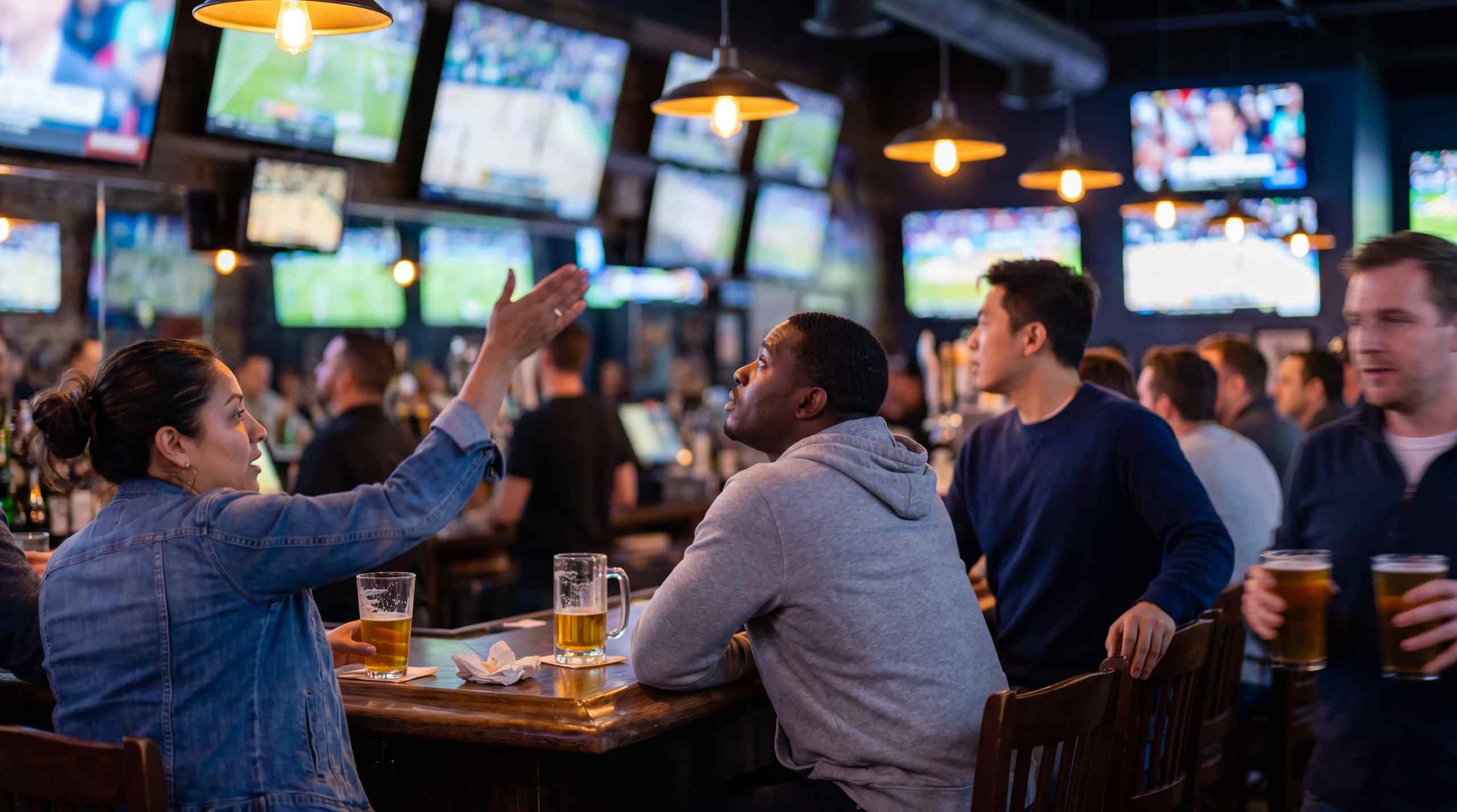 A group of people watching sports in a bar.